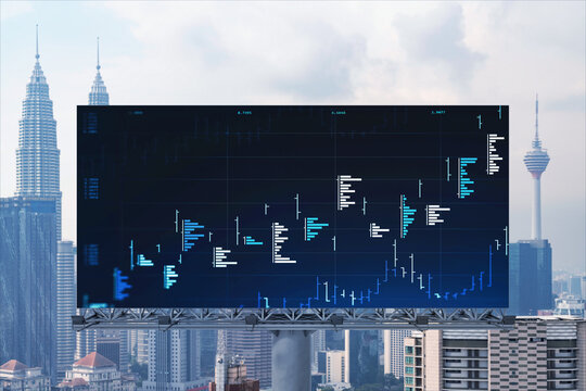 Forex and stock market chart hologram on road billboard over panorama city view of Kuala Lumpur. KL is the financial center in Malaysia, Asia. The concept of international trading.