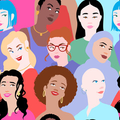 Diverse female portrait, seamless pattern with beautiful women of various ethnic groups. International Women's day 8 March. Texture for wallpapers, pattern fills, web page backgrounds