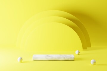 White 3d podium empty on yellow abstract background. Product mock up presentation.