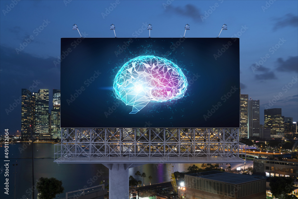 Poster brain hologram on billboard with singapore cityscape background at night time. street advertising po