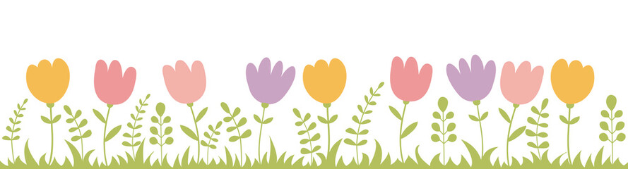 Cute spring flowers. Panoramic garden with tulips, plants and grass on white background. Vector illustration.