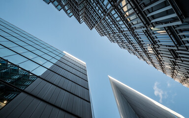 Business Skyscrapers. A low, wide angle view of the modern business architecture and skyscrapers in...