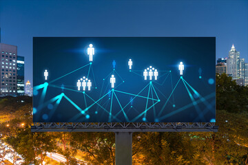Glowing Social media icons on billboard over night panoramic city view of Bangkok. The concept of networking and establishing new connections between people and businesses in Southeast Asia