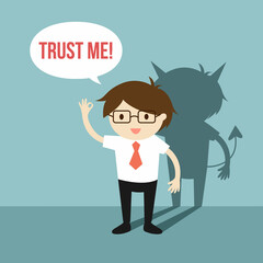 Businessman says 'Trust me!', but he is an untrustable person. Vector illustration.