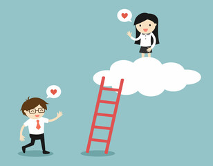 Love in office. Businessman wants to go up to meet business woman. Vector illustration.