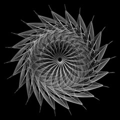 Fototapeta premium 3d render of black and white monochrome abstract art with surreal symmetry fractal sun flower as turbine based on metal wire structure on isolated black background