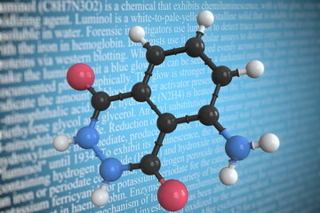 Molecular model of luminol, 3D rendering