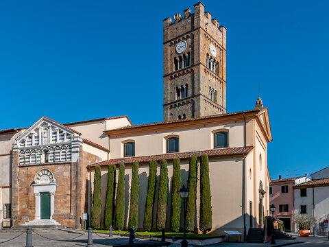 The ancient facade and bell tower of the Church of San Jacopo Maggiore, Altopascio, Lucca, Italy