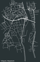 Detailed negative navigation white lines urban street roads map of the VILLAPARK NEIGHBORHOOD of the Dutch regional capital city Maastricht, Netherlands on dark gray background