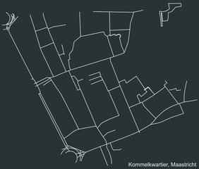 Detailed negative navigation white lines urban street roads map of the KOMMELKWARTIER NEIGHBORHOOD of the Dutch regional capital city Maastricht, Netherlands on dark gray background