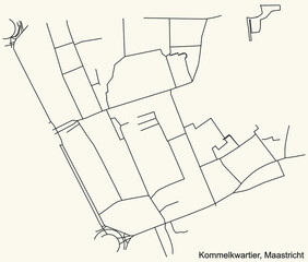 Detailed navigation black lines urban street roads map of the KOMMELKWARTIER NEIGHBORHOOD of the Dutch regional capital city Maastricht, Netherlands on vintage beige background