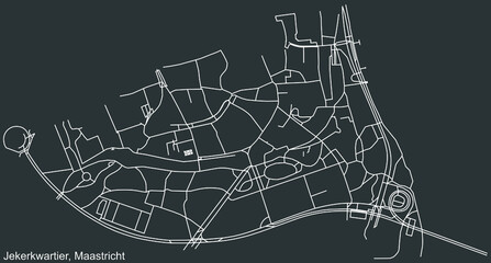 Detailed negative navigation white lines urban street roads map of the JEKERKWARTIER NEIGHBORHOOD of the Dutch regional capital city Maastricht, Netherlands on dark gray background