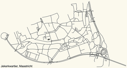 Detailed navigation black lines urban street roads map of the JEKERKWARTIER NEIGHBORHOOD of the Dutch regional capital city Maastricht, Netherlands on vintage beige background
