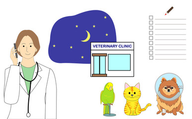 Night scene of veterinarian clinic with a tabby cat in an Elizabethan collar, pomeranian dog, a budgerigar, and a checklist