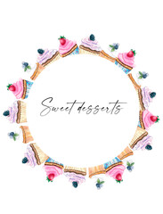 Watercolor template. Frame made of watercolor desserts. Border with sweet cupcakes
