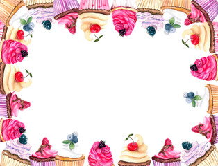 Watercolor template. Frame made of watercolor desserts. Border with sweet cupcakes