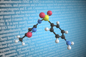 Sulfamethoxazole scientific molecular model, 3D rendering