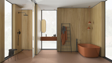 Modern minimalist bathroom with wooden walls in orange tones, freestanding bathtub, washbasin with mirror, accessories, shower, ceramic tiles, pendant lamps, interior design concept