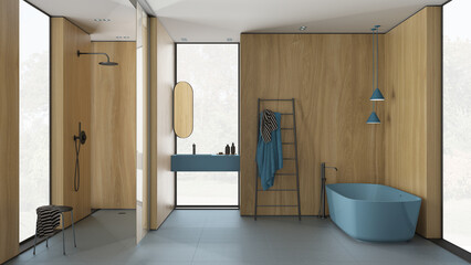 Modern minimalist bathroom with wooden walls in blue tones, freestanding bathtub, washbasin with mirror and accessories, shower, ceramic tiles, pendant lamps, interior design concept