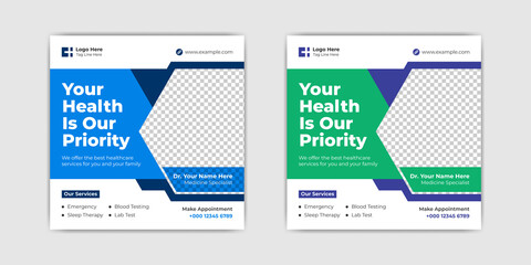 Medical healthcare service social media post template. Modern healthcare post. Doctor, clinic, business marketing banner promotion. 