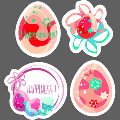 A set of stickers with inscriptions. Easter drawing. Easter eggs. For the feast of Christian and Catholic baptism. Church traditions. Bright colors.