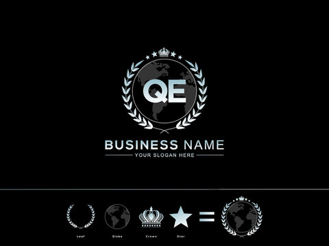 Creative QE Letter logo, Vintage and Monogram qe Log Letter with Creative circle Leaf Globe Royal Crown and Star Design