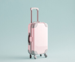 Pink suitcase on blue background. Copy space. Travel concept.