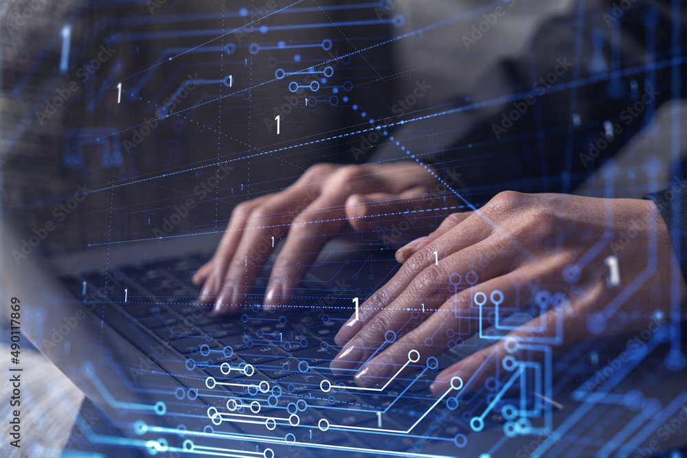 Poster woman typing the keyboard to create innovative software to change the world and provide a completely