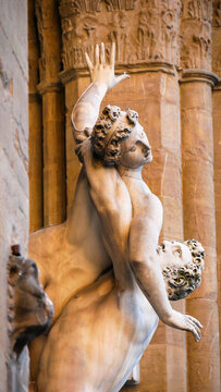 Ratto delle Sabine is a statue, by Giambologna 1574, in the Loggia dei Lanzi in Piazza della Signoria in Florence, Tuscany, Italy. European art and heritage.