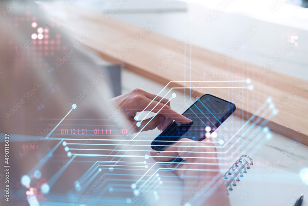 Poster businesswoman in formal wear holding in the hands a smart phone and testing an innovative applicatio