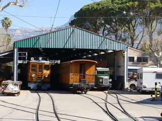 Locomotive, wagon and repair train of the historic tren de Soller (Train of Soller) Mallorca,...