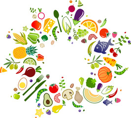 Health food vector illustration. Colourful concept with icons related to healthy eating, ingredients for cooking, balanced diet with nutrients, vegetables, low carb. - obrazy, fototapety, plakaty