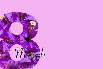 background march 8 international women's day decorated with flowers with free space purple