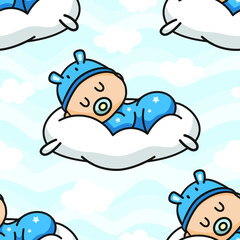 Cute Newborn Sleeping on Pillow Seamless Pattern