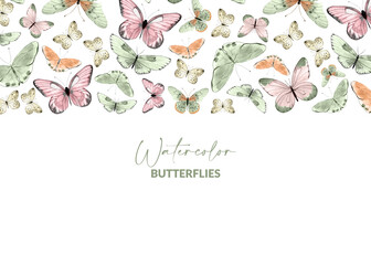 Fototapeta na wymiar Bordure with watercolor illustrated butterflies