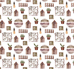 Seamless pattern  and set with watercolor country decorative objects birdhouse clock fence potted flower flashlight bottle house number light bulb flower shelf
