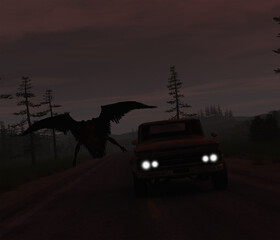 3d illustration of a Mothman or winged cryptid chasing a pickup truck on a quiet road
