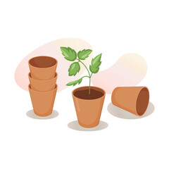 Ceramic clay flower pots. Young green sprout, seedlings in plant pot. Gardening, floriculture, growing plants. Vector illustration for postcards, posters, banners