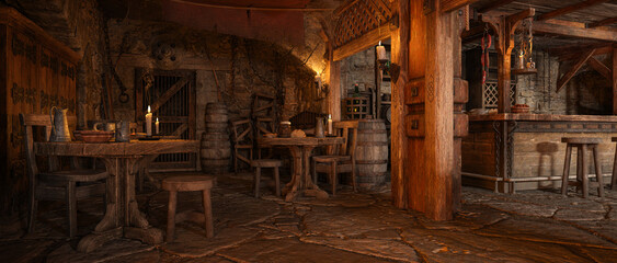 Wide panoramic view of fantasy medieval tavern inn interior. 3D rendering. - obrazy, fototapety, plakaty