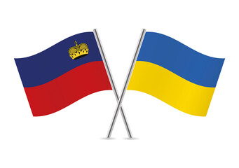 Liechtenstein and Ukraine crossed flags. Principality of Liechtenstein and Ukrainian flags isolated on white background. Vector illustration.