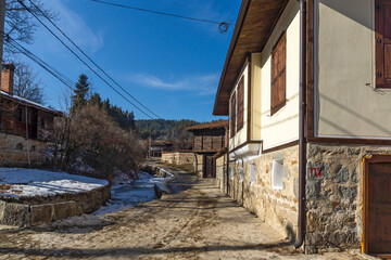 Fototapeta na wymiar Street and old houses in historical town of Koprivshtitsa,, Bulgaria