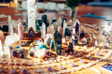 Healing Crystal Bundle, Crystal Healing Decor. Heap of various colored gems.