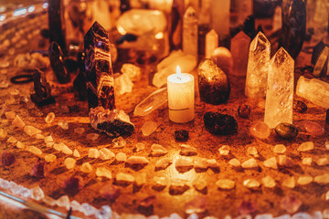 Healing Crystal Bundle, Crystal Healing Decor. Heap of various colored gems.