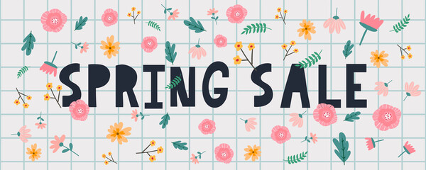 Spring sale typography banner Lettering spring season with leaf for greeting card, invitation template. Retro, vintage lettering banner poster template background, Sale, offer