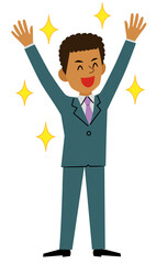 Black businessman with both hands raised and smiling