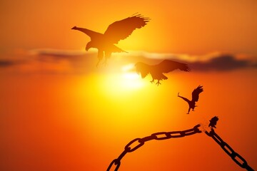 Concept of Freedom with chains breaking and free birds that flies away at sunset. Liberty Concept