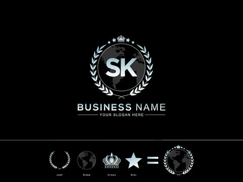 Creative SK s k Vector Icon Letter Logo, sk Letter with circle Leaf Globe Royal Crown and Star Logo Image For all kind of use