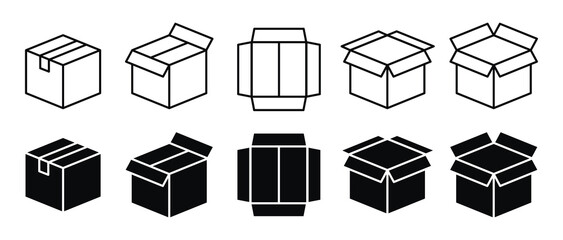 Box delivery icon set. Shopping package box. Cardboard box icons in flat style. Vector illustration. - obrazy, fototapety, plakaty