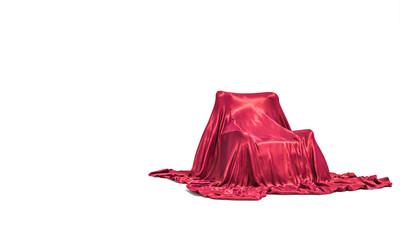 red satin blanket on armchair, white background.