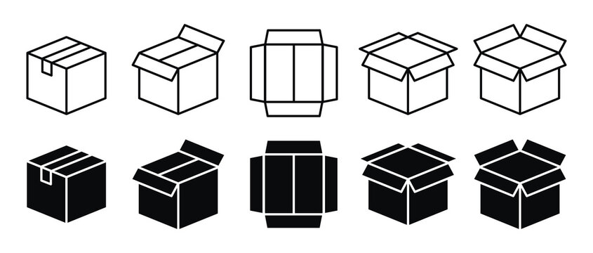 Box delivery icon set. Shopping package box. Cardboard box icons in flat style. Vector illustration.